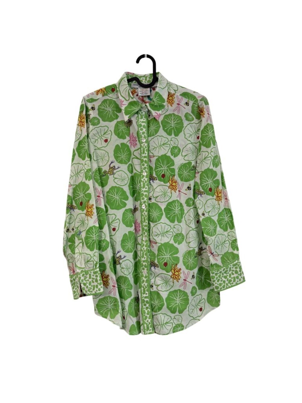 Gretchen Scott Green Lily Pads Bugs Spring Long Sleeve Button Shirt Womens Small